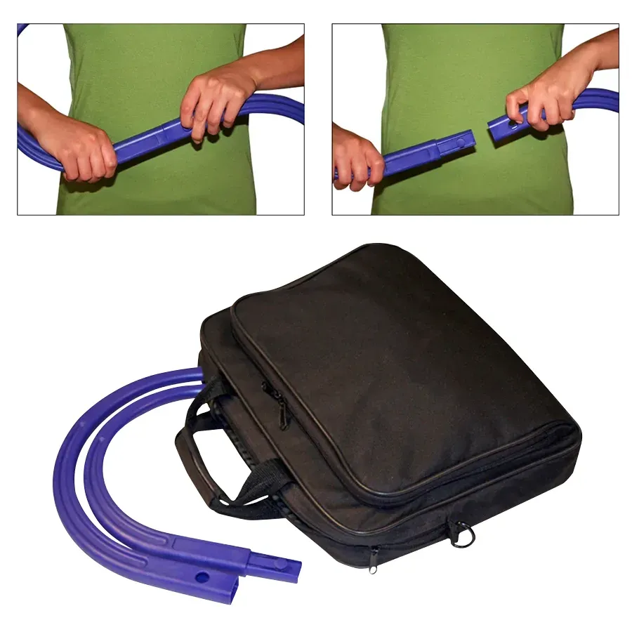 Two hands pulling the blue Backnobber II apart at its centre joint, and the two halves beside a carry bag