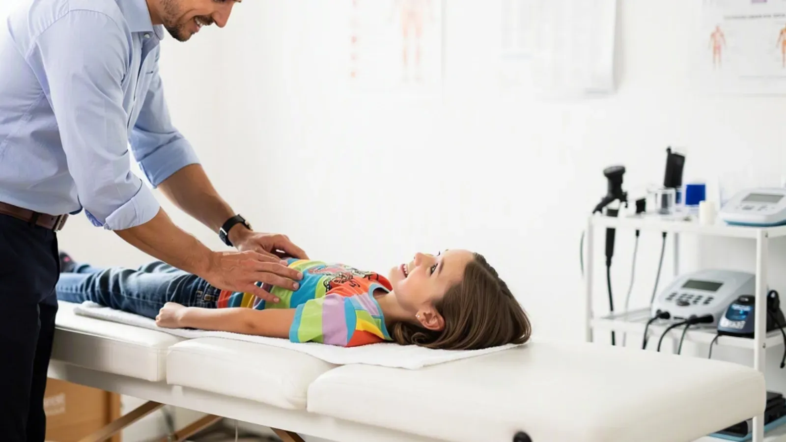 A chiropractor with a hand on a child's mid-back as they lie on the treatment table