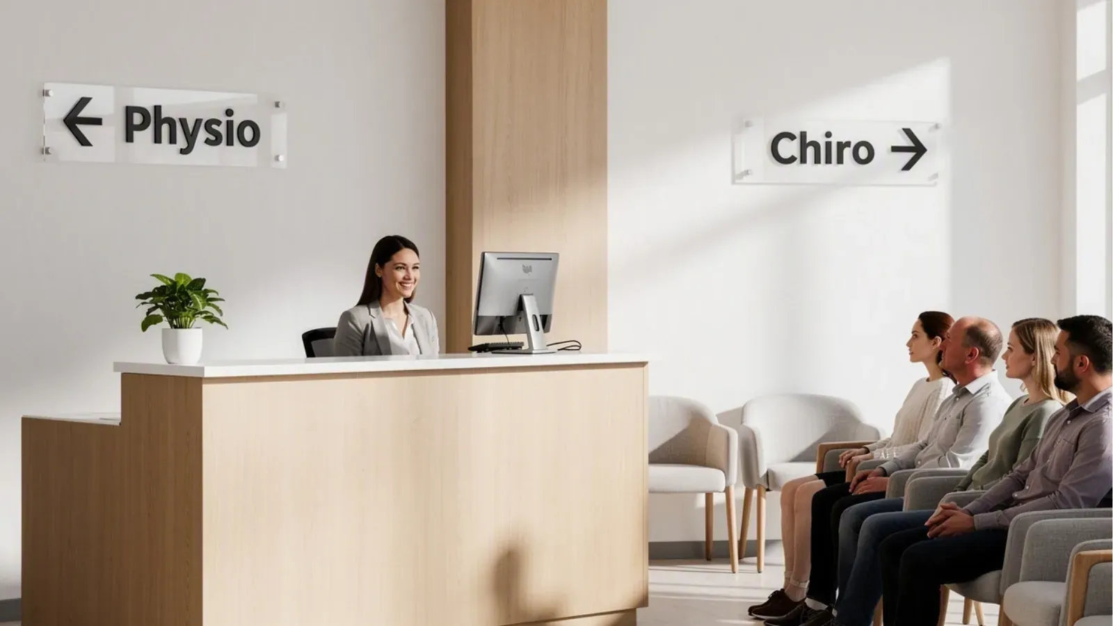 A waiting room with signage pointing one way to physiotherapy and the other to chiropractic