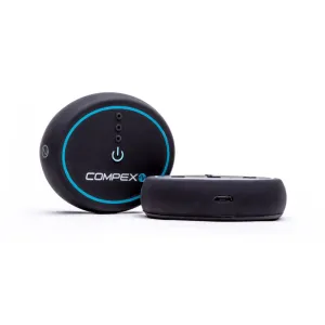 A round black Compex Mini pod with a blue ring and power button, a second pod behind it