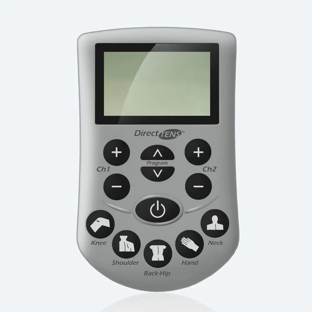 A grey handheld TENS unit with an LCD screen, plus and minus buttons for each channel, and five body-area quick-select buttons