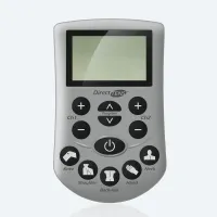 A grey handheld TENS unit with an LCD screen, plus and minus buttons for each channel, and five body-area quick-select buttons