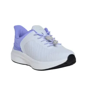 The Dr. Comfort Joy hands-free women's shoe in white with a lilac collar and heel, three-quarter view showing the elastic quick-tie lace and the cushioned sole