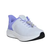 The Dr. Comfort Joy hands-free women's shoe in white with a lilac collar and heel, three-quarter view showing the elastic quick-tie lace and the cushioned sole