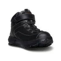 The Dr. Comfort Yukon men's hiking boot in black, three-quarter view showing the hook-and-loop strap over the laces