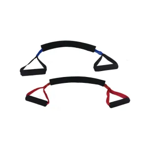 Two Pro-Lordotic Neck Exercisers, one with blue straps above one with red, each a curved padded bar with a looped handle at either end