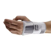 A grey and white Push wrist brace worn on the back of the hand, with a wide strap fastened across the wrist and the fingers and thumb left free