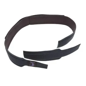 A black Serola belt extender strap lying in an open loop