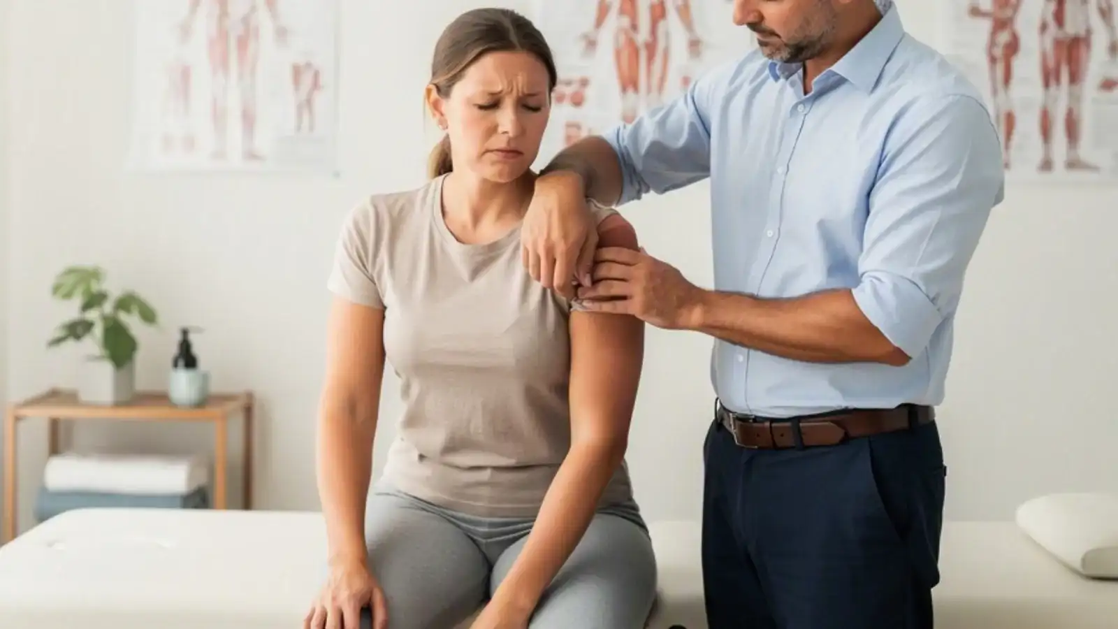 A practitioner assessing a seated patient's shoulder, moving the arm while feeling the joint