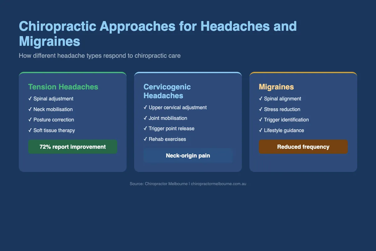 Infographic comparing chiropractic treatment for tension headaches, cervicogenic headaches, and migraines